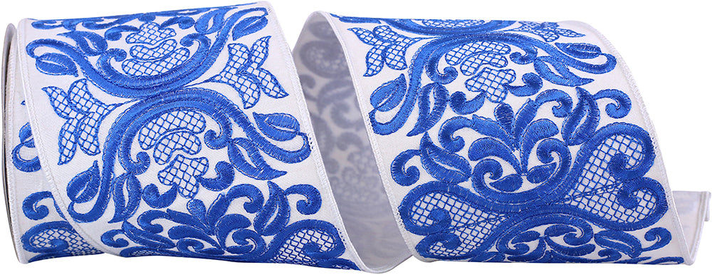 White Blue 4 Inch Regal Filigree Chinoiserie Embroidery Dupioni Wired Edge Ribbon for Wreaths & Bows