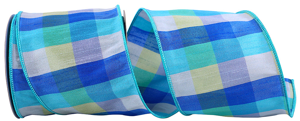 Dupioni Blues Plaid Wired Edge Ribbon 4 Inch Multi Color