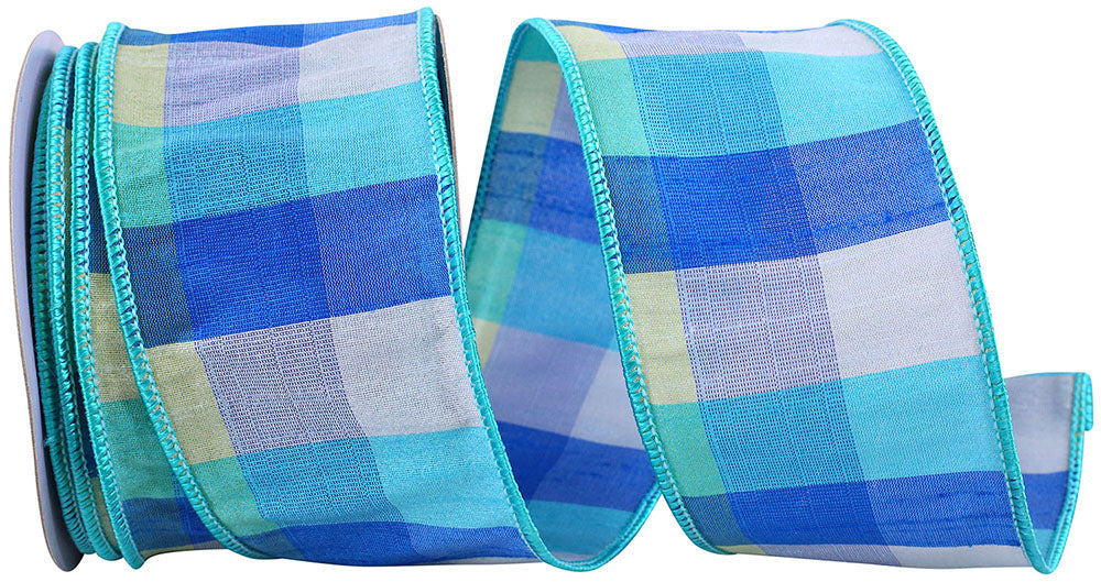 Dupioni Blues Plaid Wired Edge Ribbon 2-1/2 Inch Multi