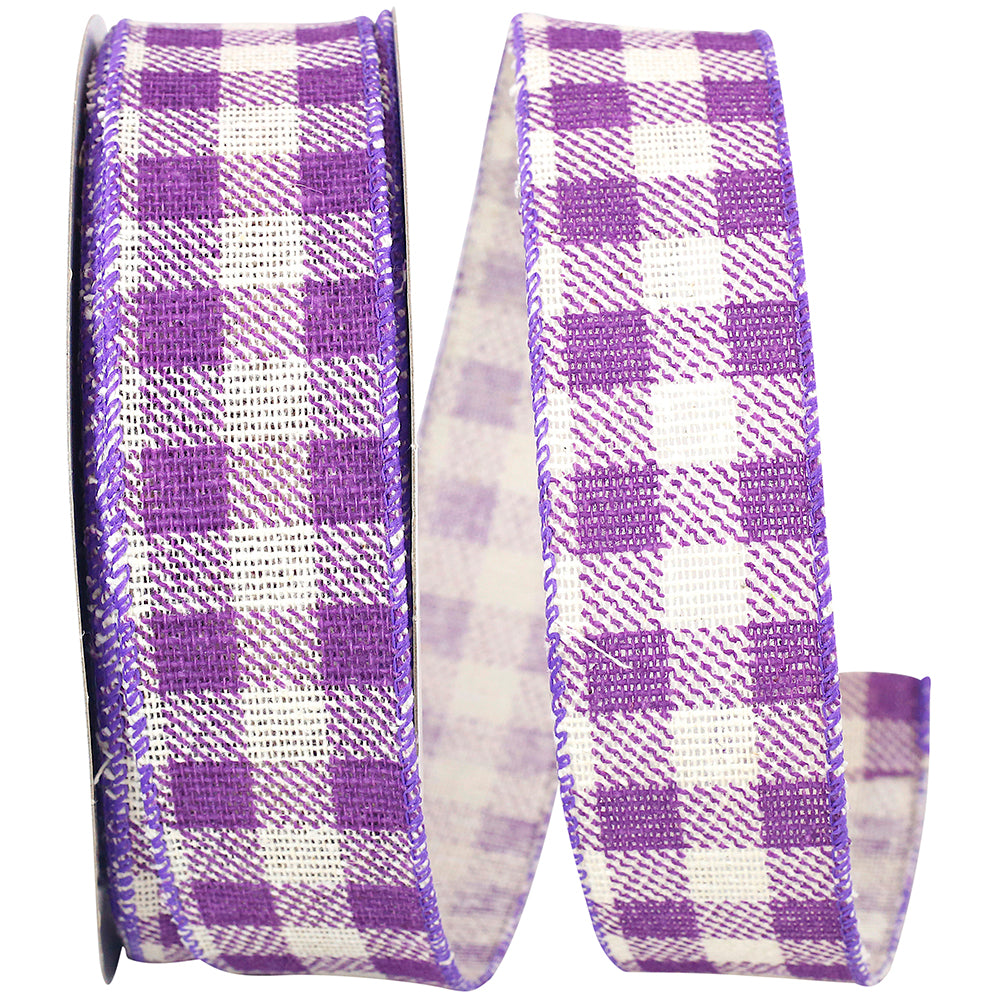 Purple Gingham Hopsack Twill Wired Edge Ribbon 1-1/2 Inch