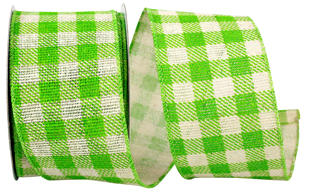 Gingham Hopsack Twill Wired Edge Ribbon Lime 2-1/2 Inch