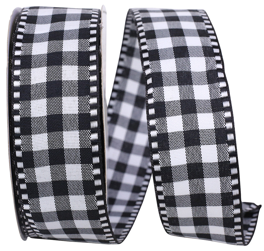 Black Gingham Check Ticking Wired Edge Ribbon 1-1/2 Inch