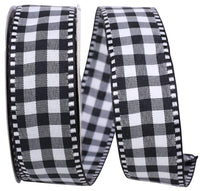 Black Gingham Check Ticking Wired Edge Ribbon 1-1/2 Inch