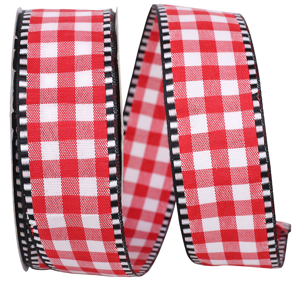 Red Gingham Check Ticking Wired Edge Ribbon 1-1/2 Inch