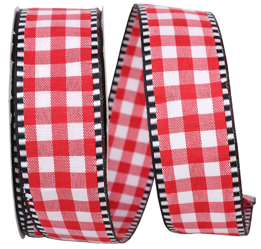Red Gingham Check Ticking Wired Edge Ribbon 1-1/2 Inch
