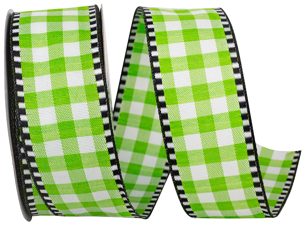 Lime Gingham Check Ticking Wired Edge Ribbon 1-1/2 Inch