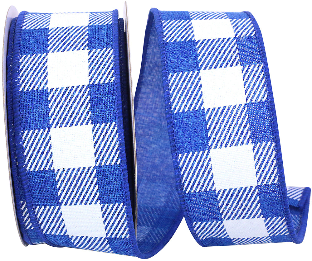 Royal 1-1 2 Inch Twill Check Printed Linen Wired Edge Ribbon Rd for Wreaths & Bows