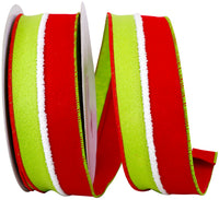 Red Green 2-1 2 Inch Velvet Duo Fuzzy Stripe Wired Edge Ribbon for Wreaths & Bows