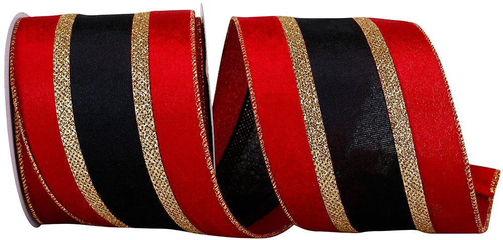 4 Inch Red Black Velvet Plush Glitter Wired Edge Ribbon