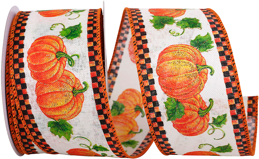 Orange 2-1 2 Inch Pumpkin Patch With Ticking Wired Edge Ribbon for Wreaths & Bows