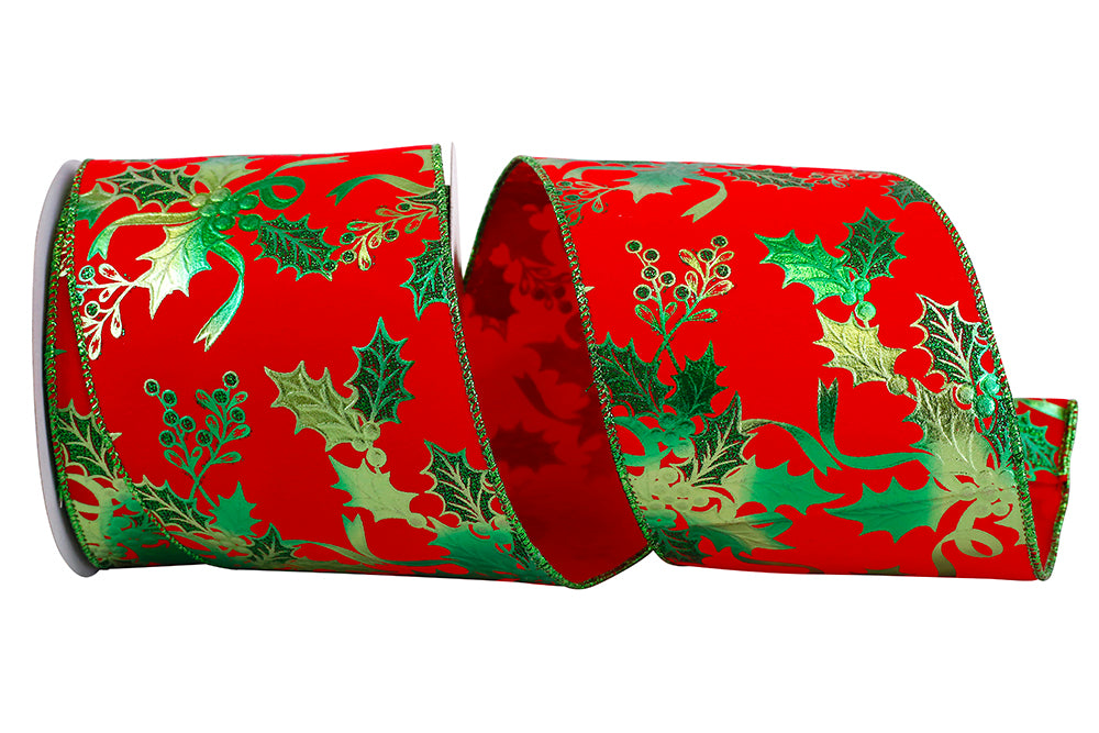 Red Green 4 Inch Holly Sparkle Velvet Wired Edge Ribbon for Wreaths & Bows