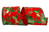 Red Green 4 Inch Holly Sparkle Velvet Wired Edge Ribbon for Wreaths & Bows