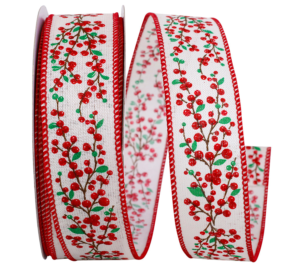 White Red 1-1 2 Inch Holly Berry Branches Linen Wired Edge Ribbon for Wreaths & Bows
