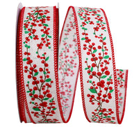 White Red 1-1 2 Inch Holly Berry Branches Linen Wired Edge Ribbon for Wreaths & Bows