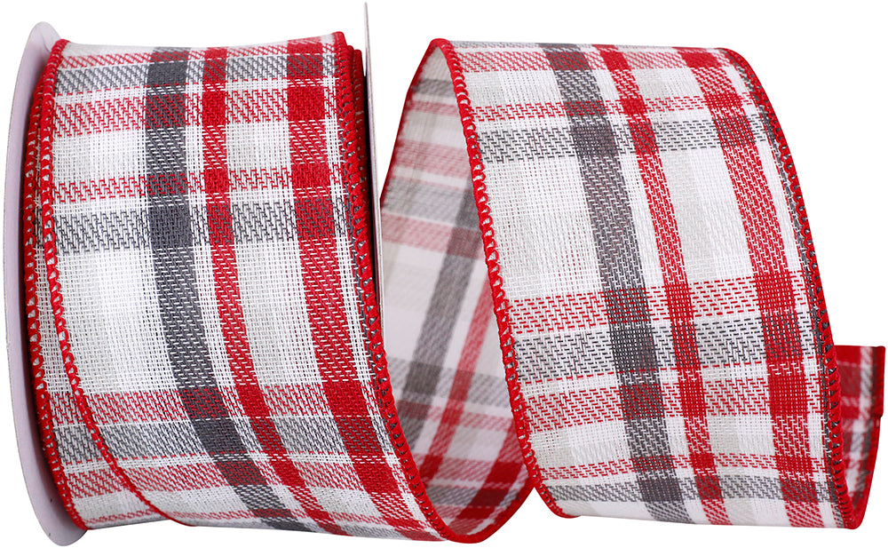 Columbus Plaid Twill Wired Edge Ribbon Grey Red 2-1/2 Inch