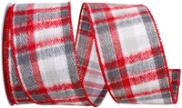 Columbus Flannel Plaid Wired Edge Ribbon Grey Red 2-1/2 Inch