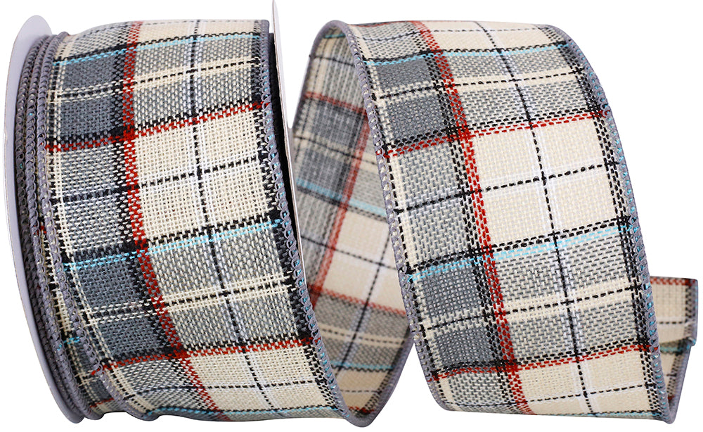 Beige 2-1/2 Inch Wired Edge Nelson Plaid Ribbon