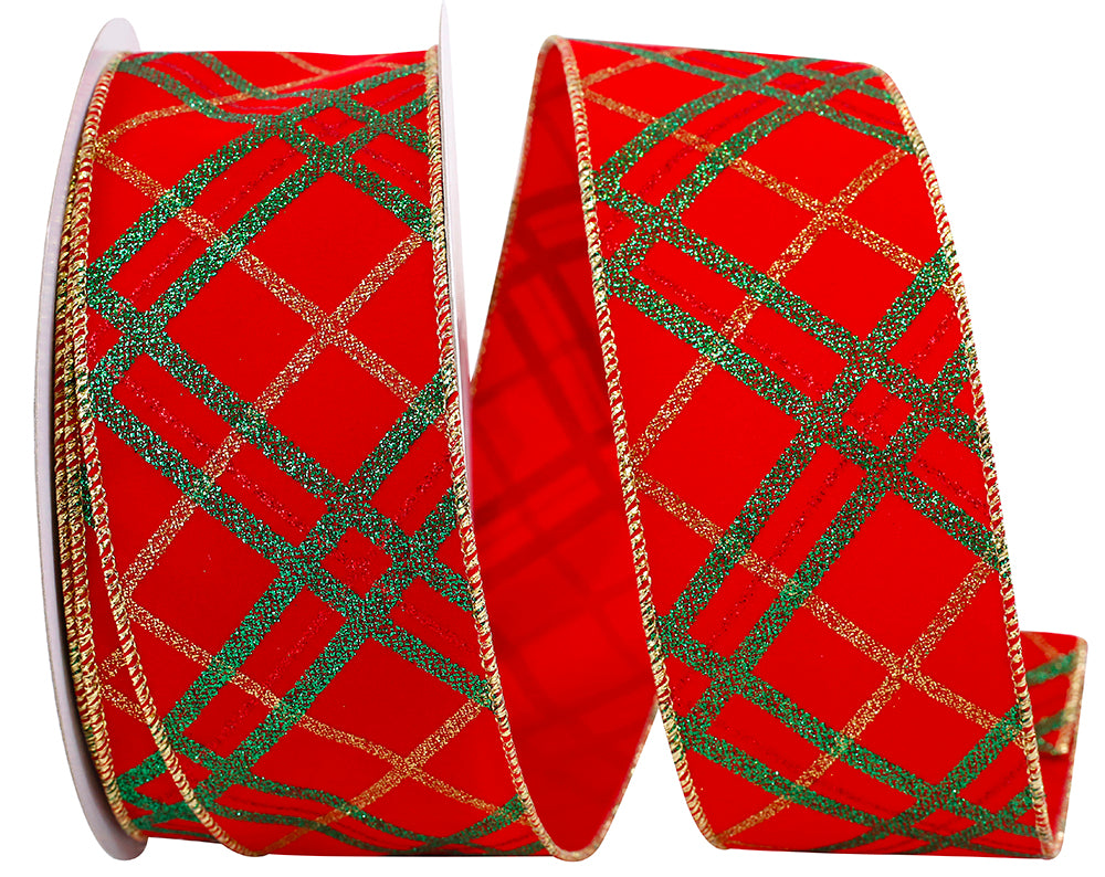 Velvet Glitter Plaid Stripes Ribbon Red Green 2-1/2 Inch