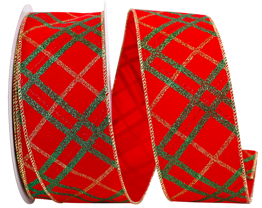Velvet Glitter Plaid Stripes Ribbon Red Green 2-1/2 Inch