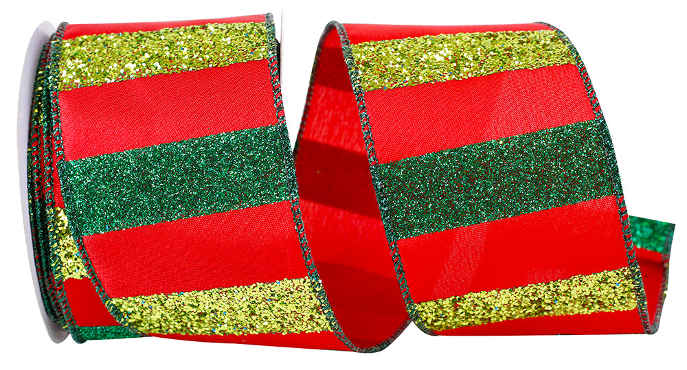 Bold Glitter Bar Stripe Wired Edge Ribbon Red Green 2-1/2 Inch