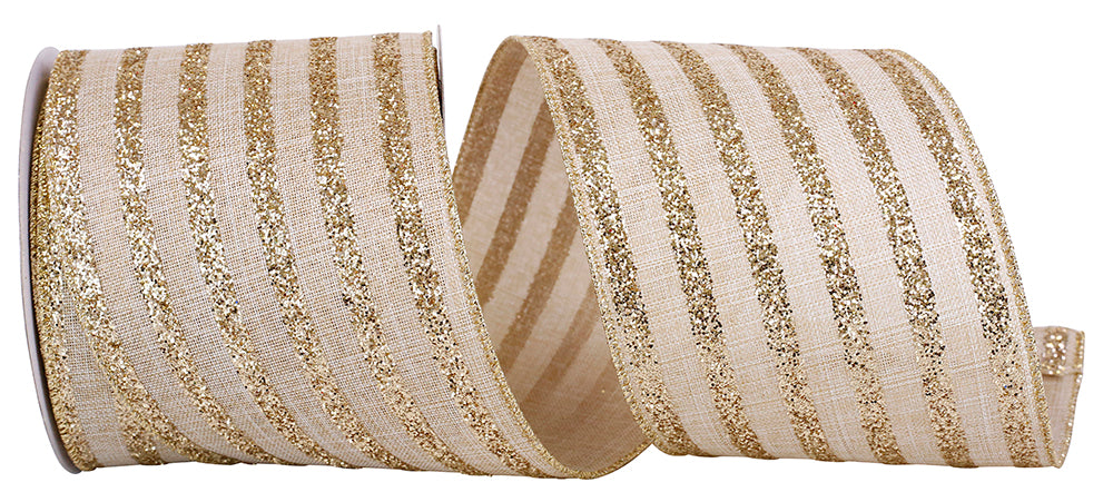 Glitter Stripes Linen Wired Edge Ribbon Natural Gold 4 Inch
