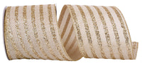 Glitter Stripes Linen Wired Edge Ribbon Natural Gold 4 Inch