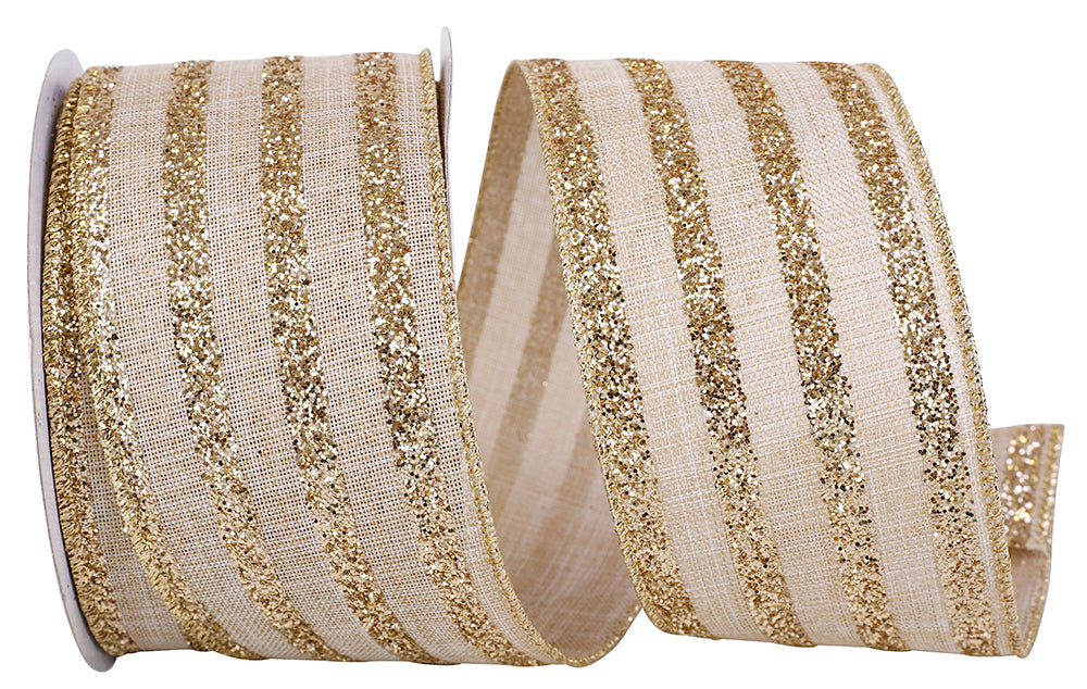 Glitter Stripes Linen Wired Edge Ribbon Natural Gold 2-1/2 Inch
