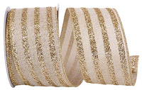 Glitter Stripes Linen Wired Edge Ribbon Natural Gold 2-1/2 Inch