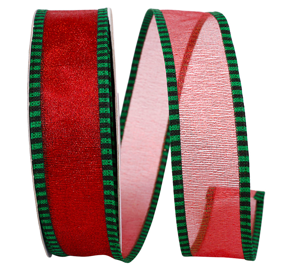 Red Green Ticking Wired Edge Ribbon 1-1/2 Inch 20 Yards