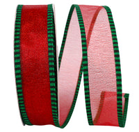 Red Green Ticking Wired Edge Ribbon 1-1/2 Inch 20Yds