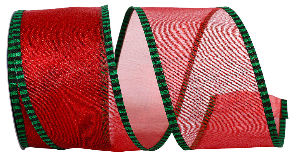 Red Green Ticking Wired Edge Ribbon 2-1/2 Inch 10 Yards
