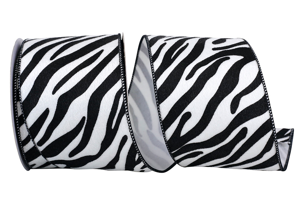 White Black 4 Inch Zebra Fur Exotic Wired Edge Ribbon for Wreaths & Bows