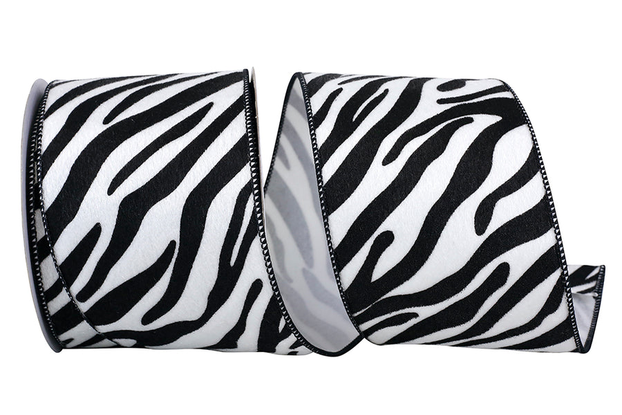 White Black 4 Inch Zebra Fur Exotic Wired Edge Ribbon for Wreaths & Bows