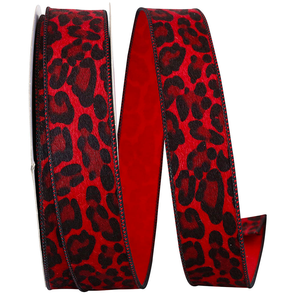 Red Black 1-1 2 Inch Cheetah Fur Crimson Wired Edge Ribbon for Wreaths & Bows