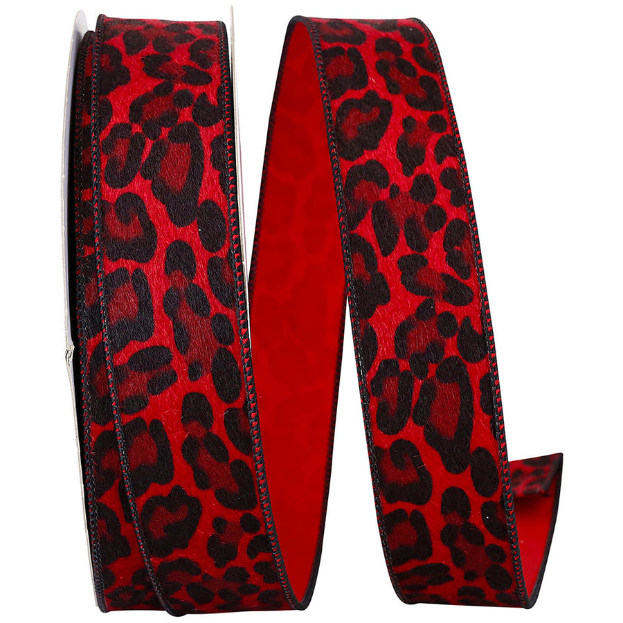 Red Black 1-1 2 Inch Cheetah Fur Crimson Wired Edge Ribbon for Wreaths & Bows