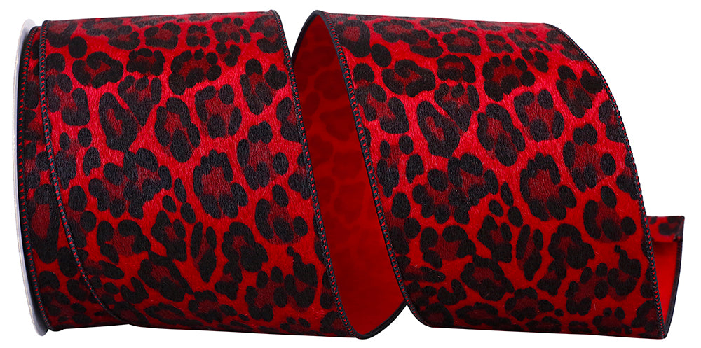 Red Black 4 Inch Cheetah Fur Crimson Wired Edge Ribbon for Wreaths & Bows