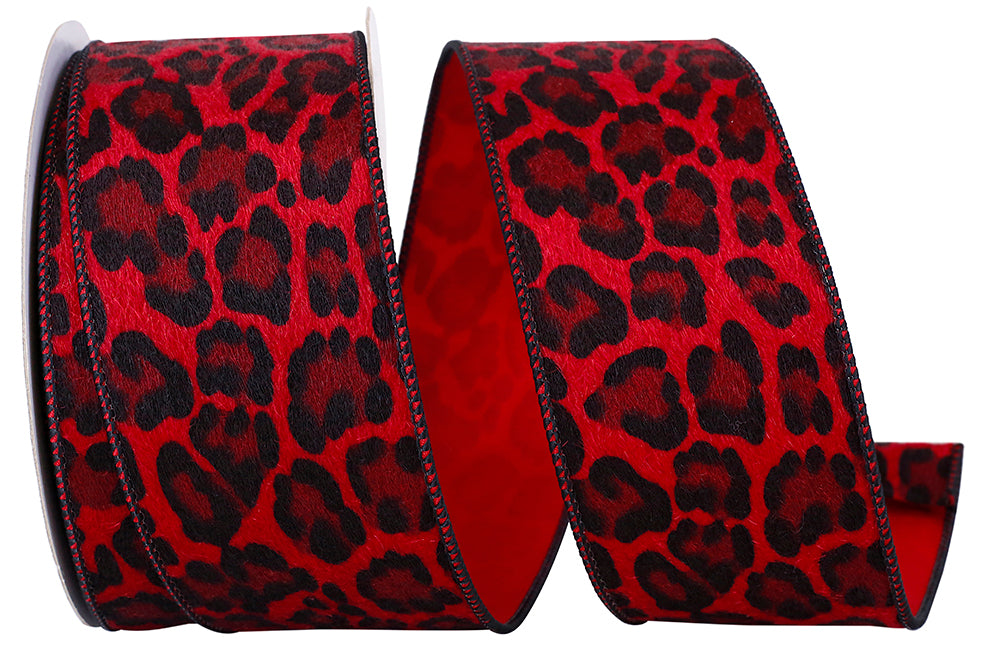 Red Black 2-1 2 Inch Cheetah Fur Crimson Wired Edge Ribbon for Wreaths & Bows