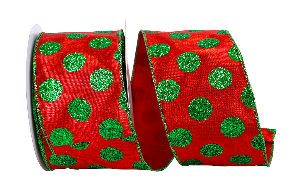 Glitter Dot Wired Edge Ribbon Red Green 2-1/2 Inch 10 Yards