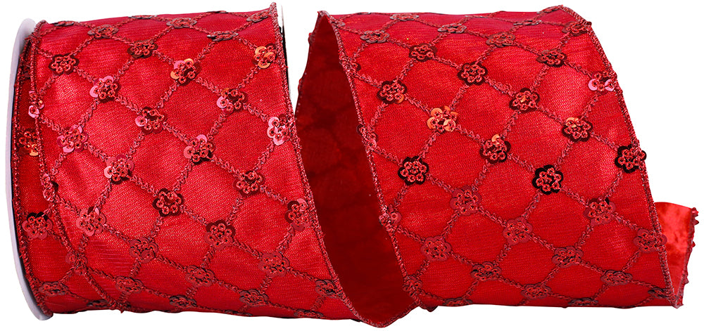 Scarlet 4 Inch Wired Edge Sequined Ribbon for Wreaths