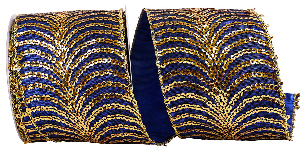 4 Inch Blue Gold Sequin Feather Wired Edge Ribbon