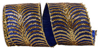 4 Inch Blue Gold Sequin Feather Wired Edge Ribbon