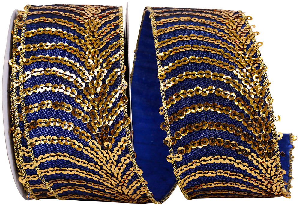 Blue Gold Sequin Feather Wired Edge Ribbon 2-1/2 Inch