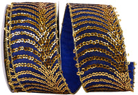 Blue Gold Sequin Feather Wired Edge Ribbon 2-1/2 Inch