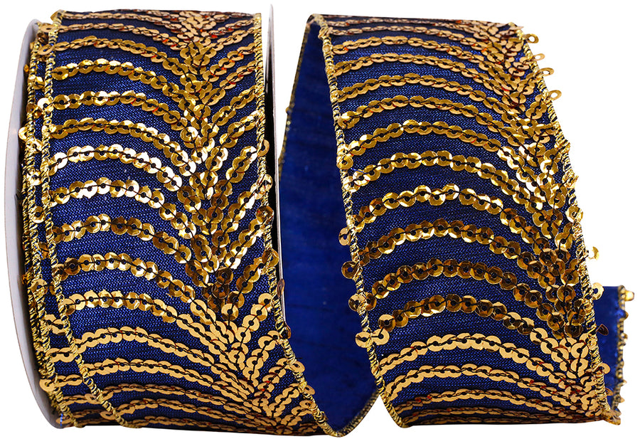 Blue Gold Sequin Feather Wired Edge Ribbon 2-1/2 Inch