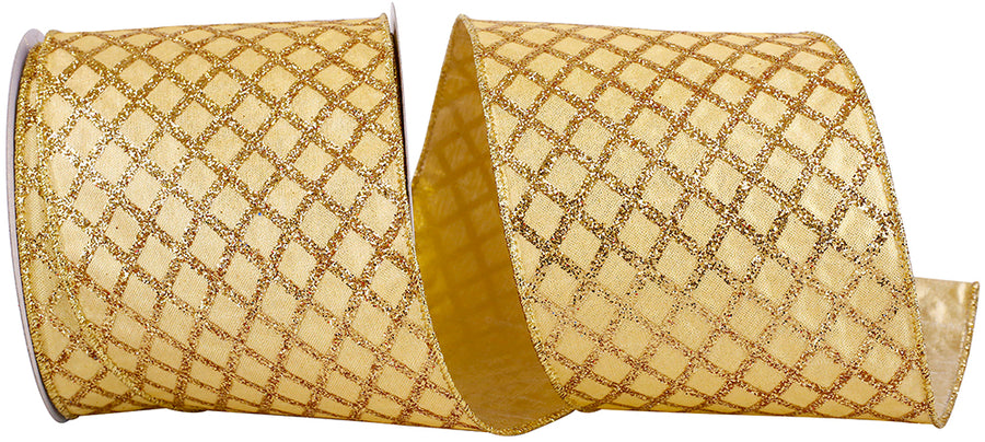 Gold Glitter Diamond Lattice Wired Edge Ribbon 4 Inch