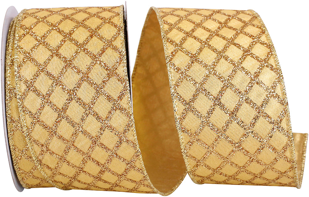 Gold Glitter Diamond Lattice Wired Edge Ribbon 2-1/2 Inch