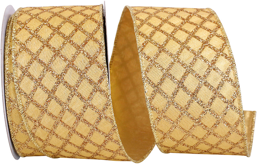 Gold Glitter Diamond Lattice Wired Edge Ribbon 2-1/2 Inch