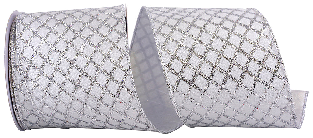 Glitter Diamond Lattice Silver Wired Edge Ribbon 4 Inch