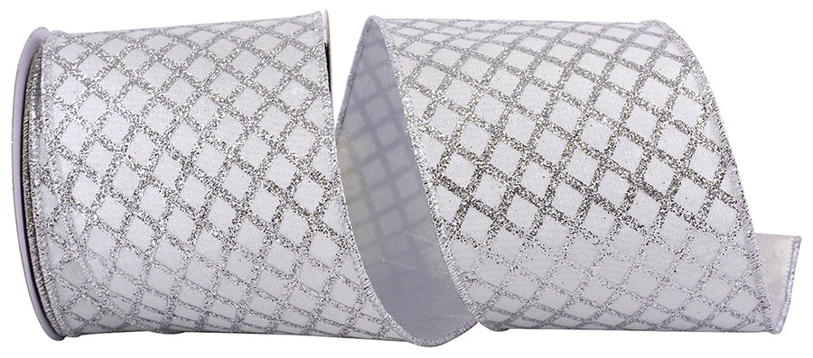 Glitter Diamond Lattice Silver Wired Edge Ribbon 4 Inch