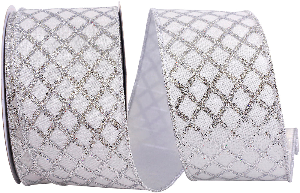 Silver Glitter Diamond Lattice Wired Edge Ribbon 2-1/2 Inch